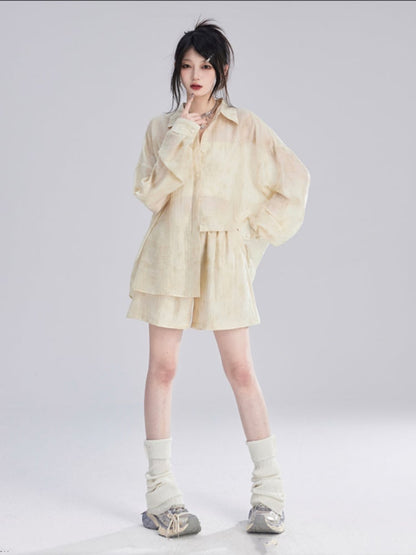 Apricot Semi-Sheer Sun Protection Shirt/Loose Shorts