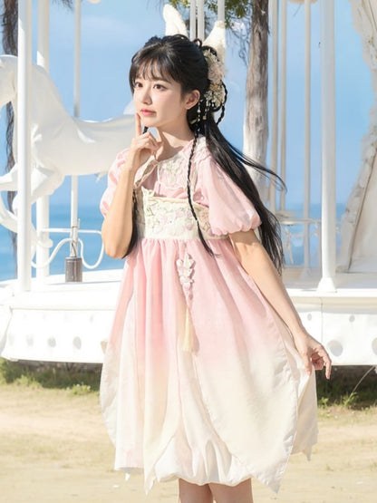 Ombre Style Spaghetti Strap Dress Empire Pink Waist Strawberry Embroidery Cheongsam