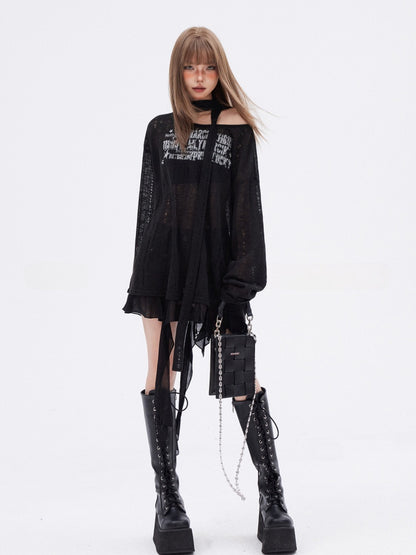 Scarf Free Printed Knitted Top with Black Asymmetrical  Hem Hollow-out