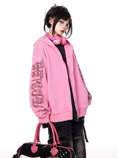 Pink Letter Print Sleeves Zip-up Hoodie Autumn for