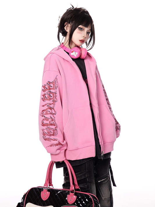 Pink Letter Print Sleeves Zip-up Hoodie Autumn for