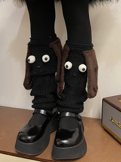 Jambières en peluche blanches/noires/marron avec oreilles de chiot