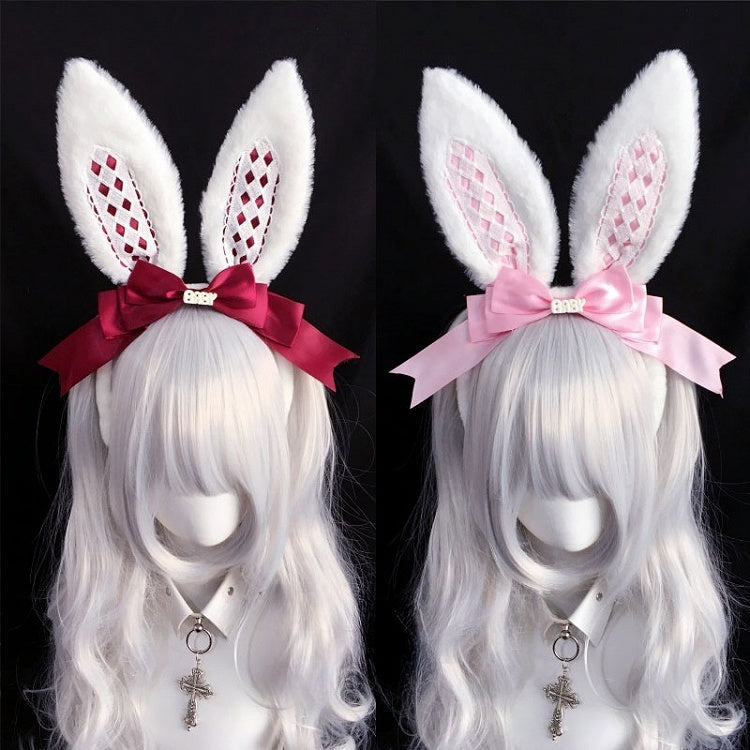 Bow Decorated Alice Diamond KC White Pattern Ear Bunny Lolita Faux Pink/Red/Black/Black with Vibes