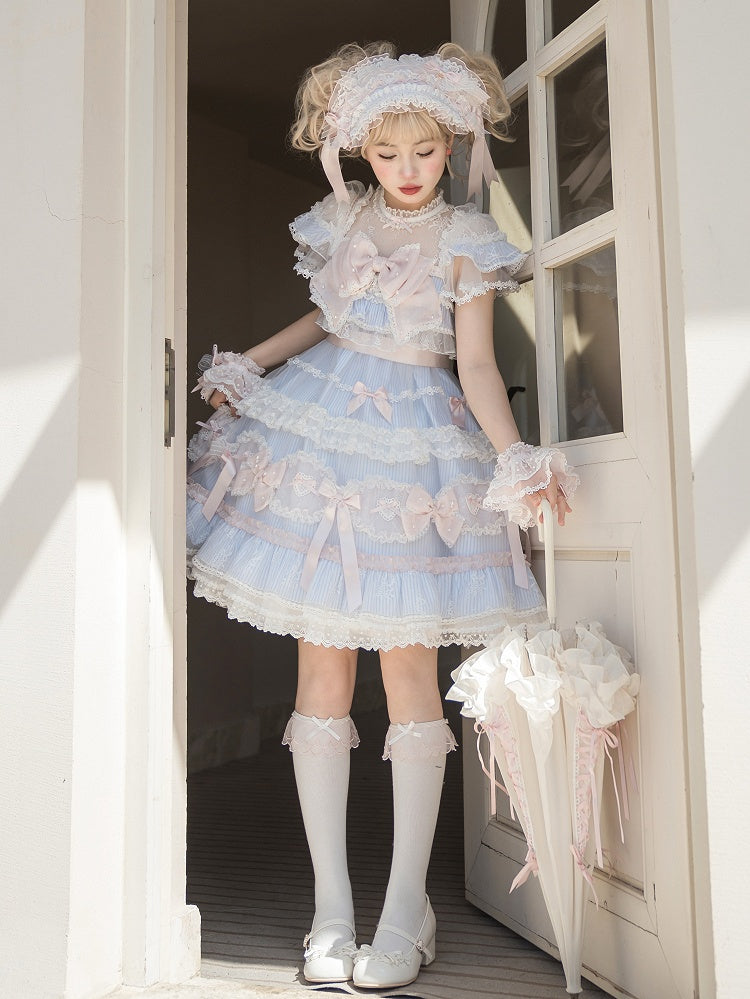 Gestreiftes Schleifenmuster Süß verziertes Kleid Lolita Blau Rosa