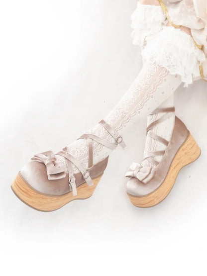 Heel with for Beige - Straps Janes Crossed Sweet Bow Platform Decor Lolita Mary