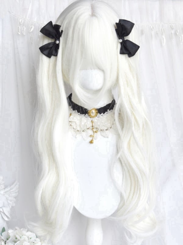 Creamy White Short Bob Cut Wig With Bangs＋Double Wavy Ponytail Claw Clips