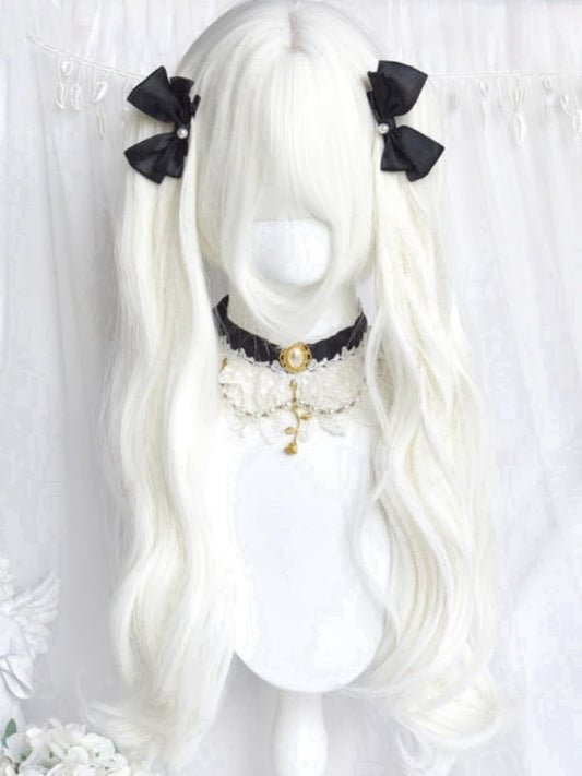 Creamy White Short Bob Cut Wig With Bangs＋Double Wavy Ponytail Claw Clips