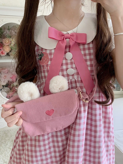 Pink Strawberry Peter Pan Collar Plaid Short Puff Sleeves Dress