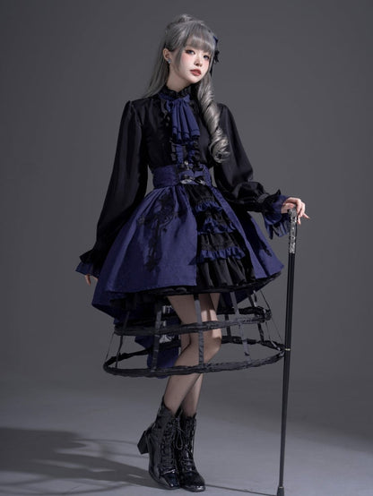 Black and Dark Blue Ouji Lolita Fashion Prince Shirt With Jabot