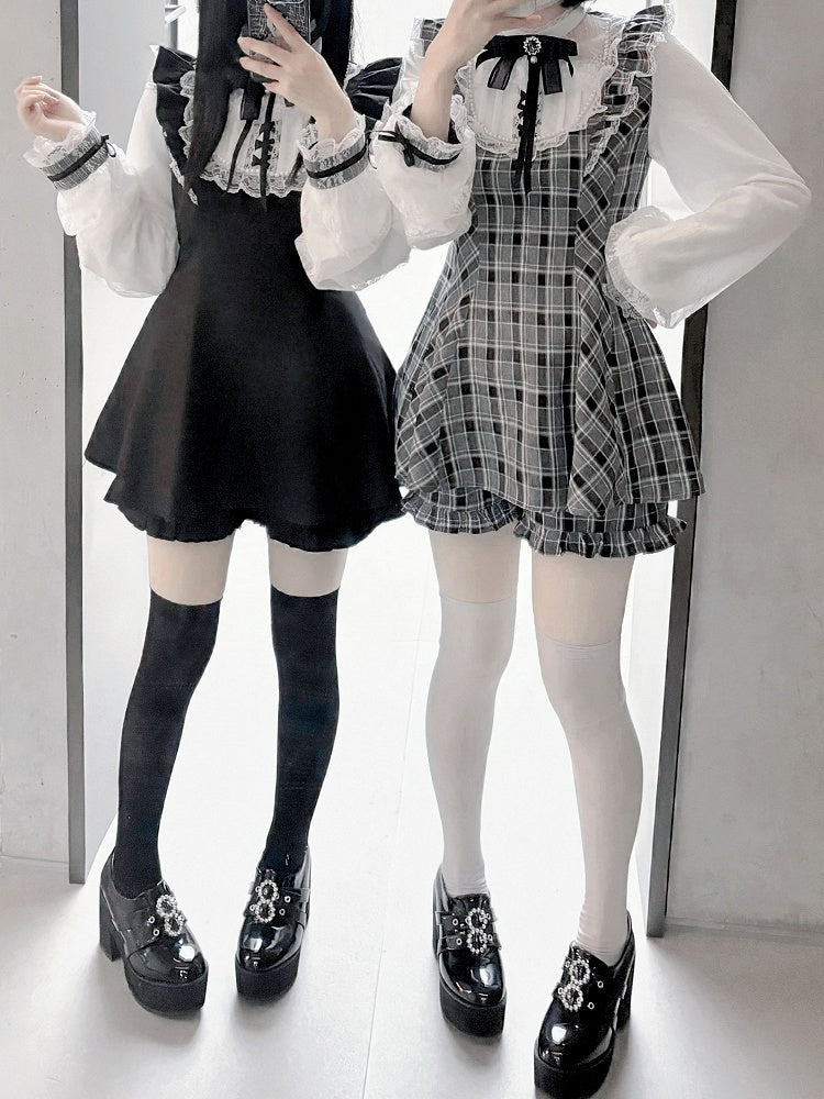 Sleeves Jirai Kei Black Illusion Neckline Flutter Plaid Set Lace Trim Mini Dress+Shorts White/Gray