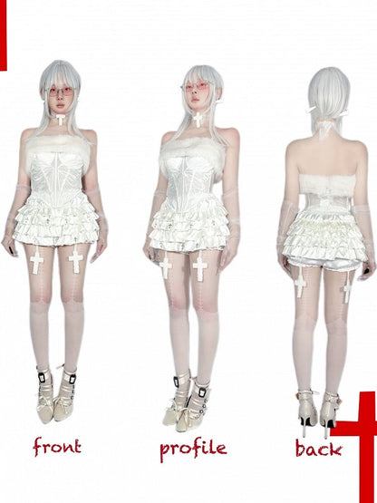 Gothic White Cross Charms Tiered Ruffles Satin Skort