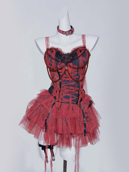 Gothic Black&Red Lace Trim Rosette Beaded Chain Corset Cami Top+ Tiered Skirt