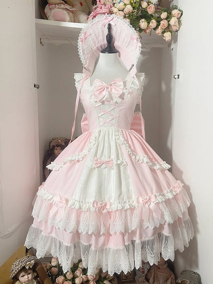 Pink and White Old School Lolita Fashion Dress Bowknot Detais Lolita JSK Set