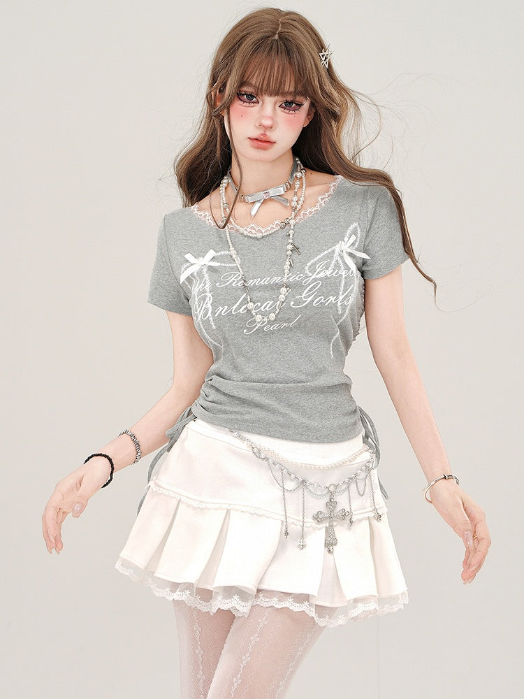 Grey Letters Print Drawstring Waist T-shirt