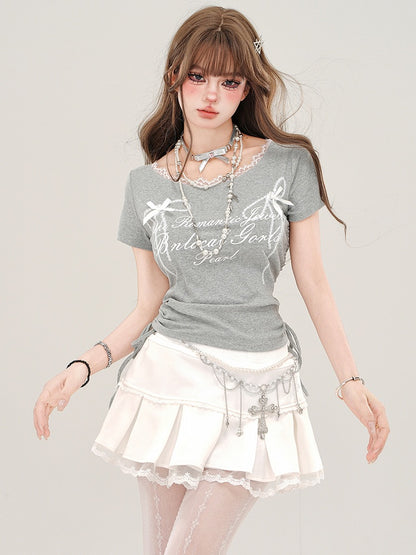 Grey Letters Print Drawstring Waist T-shirt