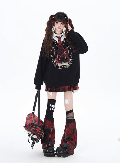 Black Preppy Faux Two-pieces Loose Sweatshirt with Red Plaid Tie