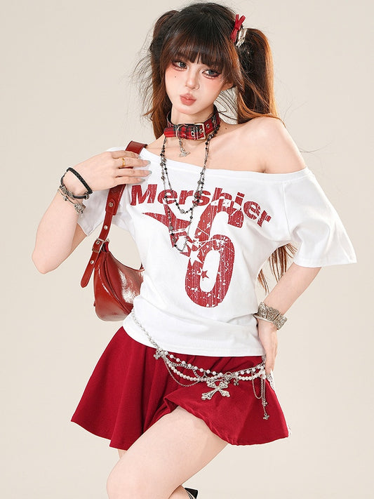 Letter T-shirt Star Glamorous Print Neckline WhiteRed And Number Asymmetrical