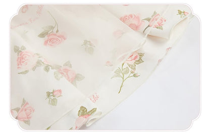 Dress Pink Print Rosette White Illusion Lolita Summer Neckline