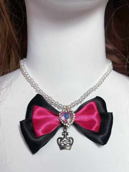 Beaded Haiclip Necklace Bowknot + Ring Lace Pendant Decorated Heart Trim BlackPink Rhinestone