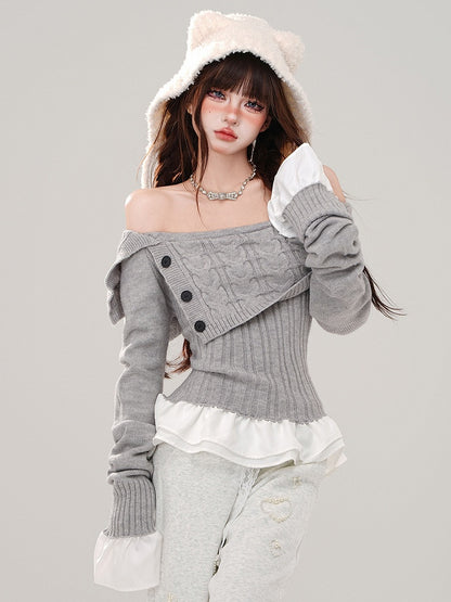 Grau/Marineblauer, schulterfreier Pullover mit schmaler Passform, Saum und Bündchen im Patchwork-Stil