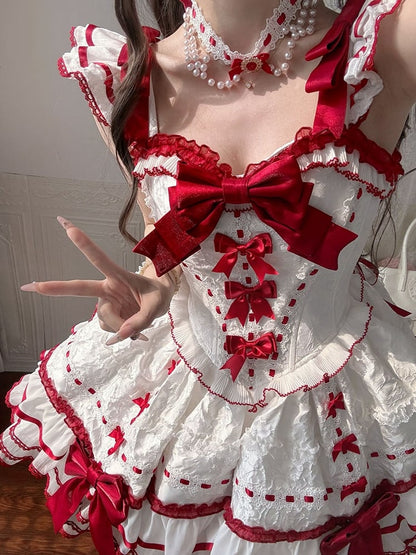 Ruffles Accents Skirt White Bow Jumper Tiered Princess Red Lolita