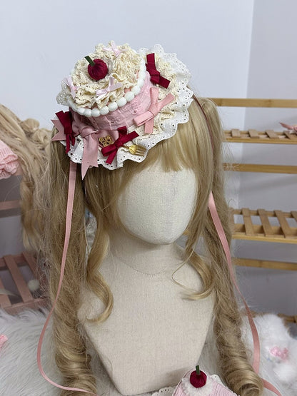 Decorations Shaped Bow and Sweet Yellow/Pink/Blue with Cake Hat Mini Lace Lolita