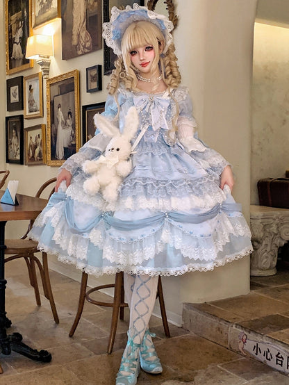 Light Blue Bowknot Details Lace Trim Lolita Bonnet