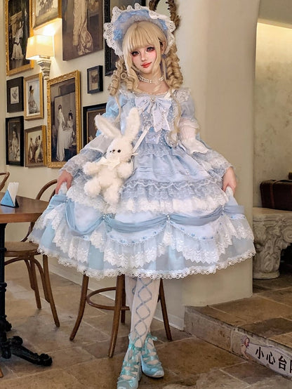 Jupe superposée bleu clair avec nœud décoratif, robe Hanayome, jupe pull Sweet Hime Lolita