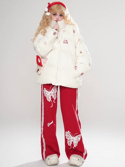 White/Pink Kitties Embroidery High Neck Puffer Jacket