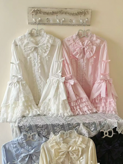 / Black Pink Blouse Sleeves Size Plus Apricot White Lolita Bell Blue