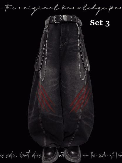 Faded Scratch Print Distressed Punk Wide-Leg Jeans Wash Black