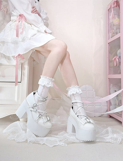 Polished White Jirai Kei Rhinestone Bowknot Landmine Style Platform Shoes