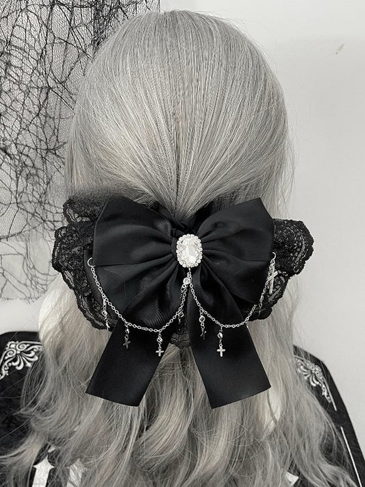 Decorated Rhinestone Hair Cross Bowknot Charm Trim Tie Black/Beige Lace
