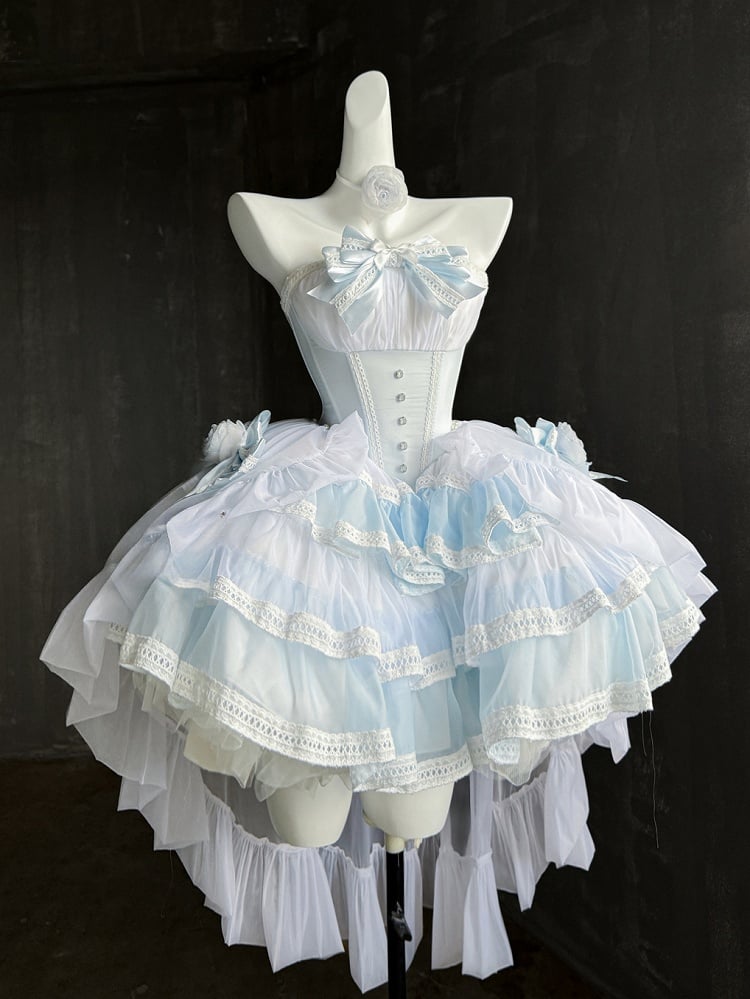 Blue Balletcore Boned Waist Strapless Puffy Dress