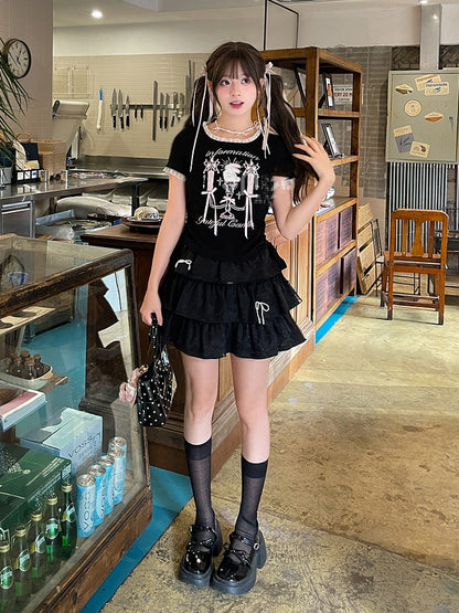 Black Square Neck Candlestick Print Drawstring Hem Lace Trim T-Shirt
