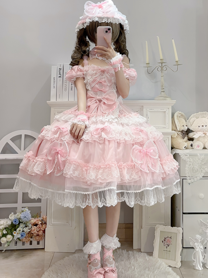 Sweet Lolita Princess Bead Dress Bow and at Back with Pink Big Accents Details