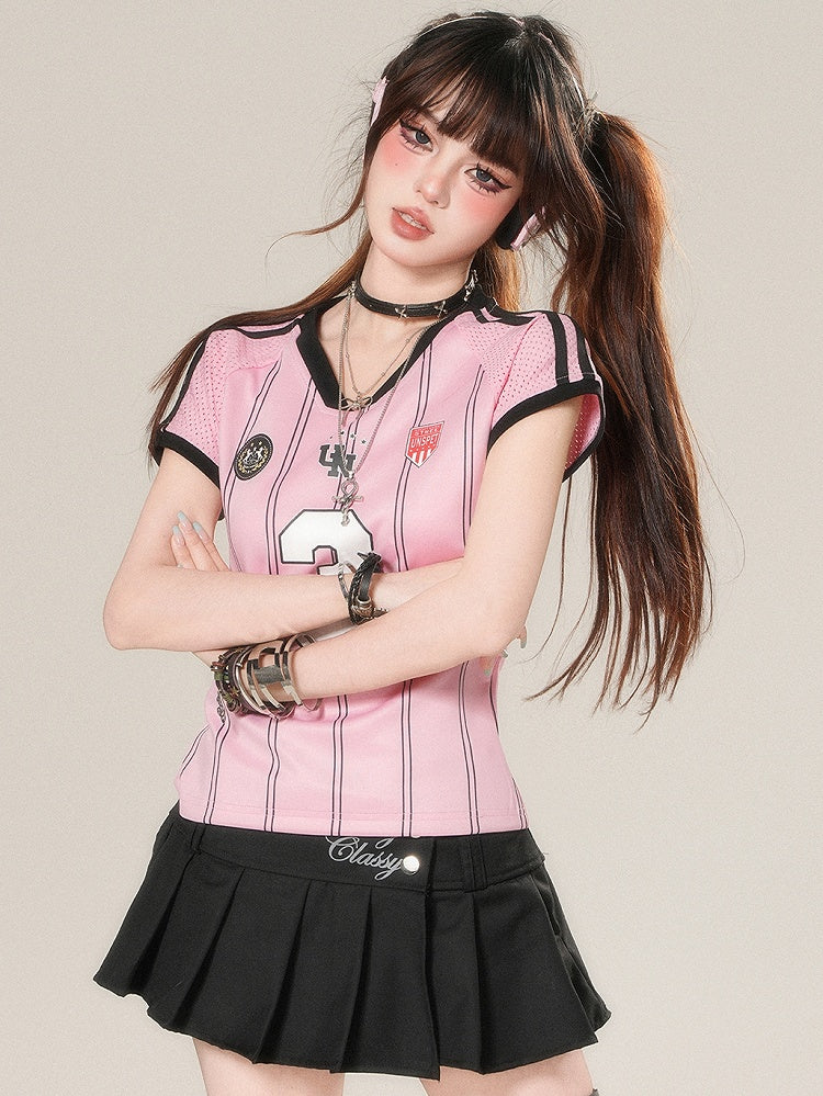 Glamorous T-shirt Print Number Striped Pattern V-neck Pink