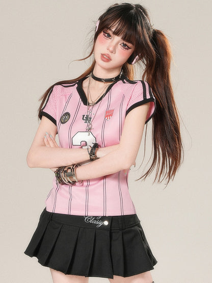 Glamorous T-shirt Print Number Striped Pattern V-neck Pink