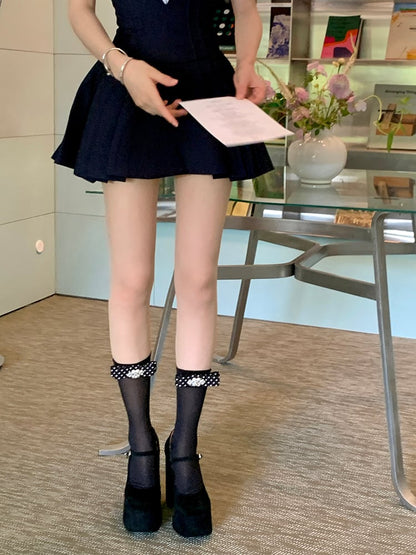 Pattern Calf Polka-dot Socks Black/White Bowknot