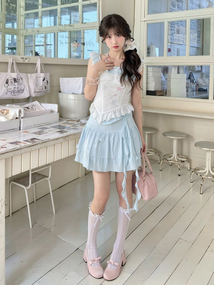 Yume Kawaii Blue Bowknot Detail Waist Tiered Skirt