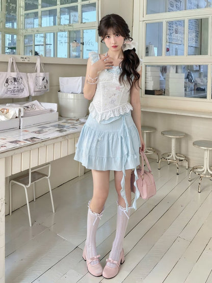 Curved Sleeves White Hem Sleeveless Top Starfish and Jellyfish Graffiti Flutter