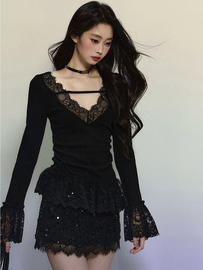 Black Lace Trim V-neck Knit Top