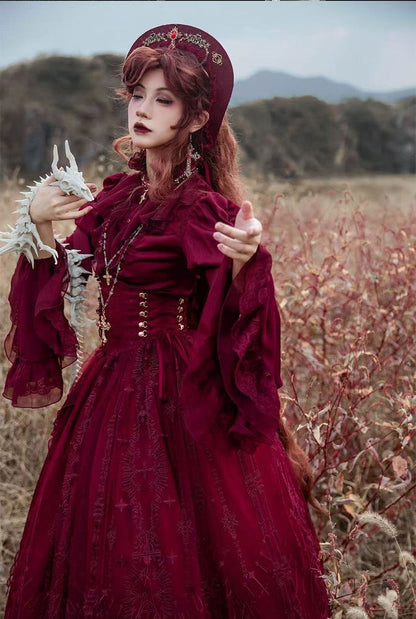 Red Dragon Bone Drawstring Design Gothic Lolita Skirt