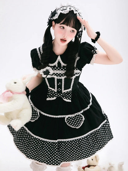 Dress School Polka Old Black Cotton White Dots Lolita