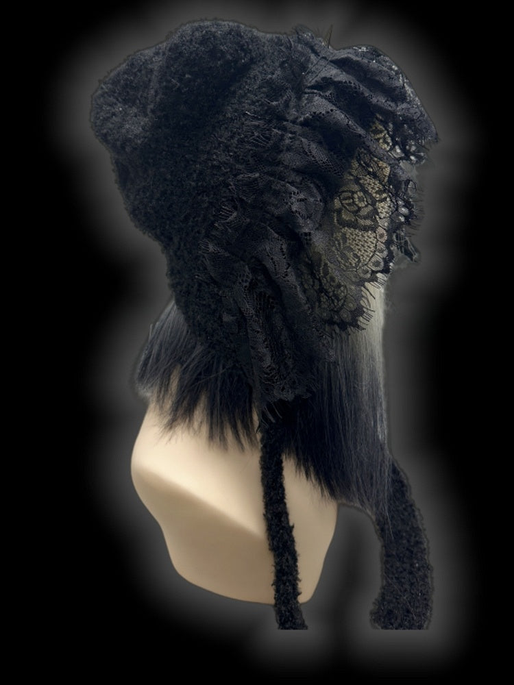 Gothic Black Studs Adorned Lace Trim Cross Charm Knit Hat