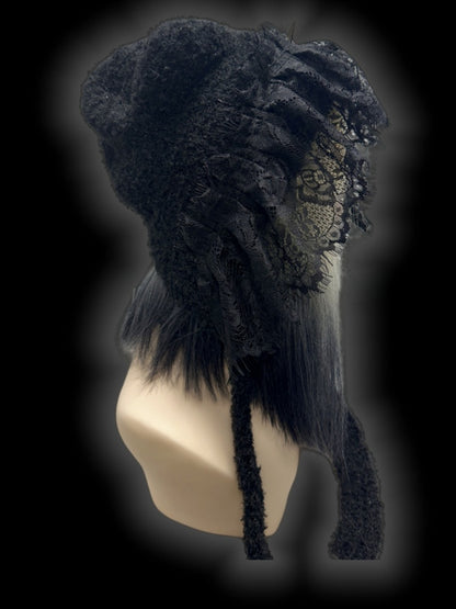 Gothic Black Studs Adorned Lace Trim Cross Charm Knit Hat