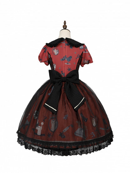 Puppy and Telephone Print Black and Red Peter Pan Collar Sweet Lolita Dress
