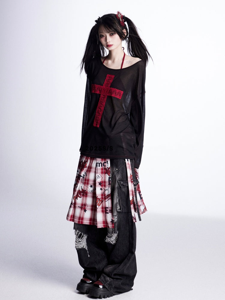 with Lace Cross  Red Asymmetrical Neckline Black Sun Protection Coverup