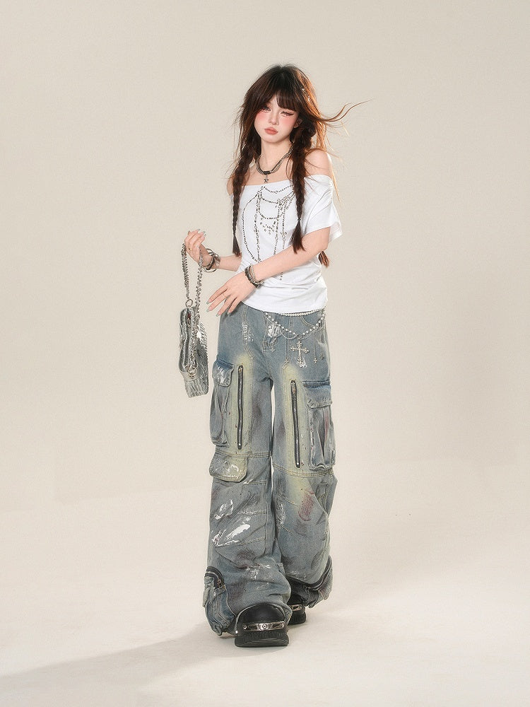 White Off-the-shoulder Neckline Beaded Chain Print T-Shirt
