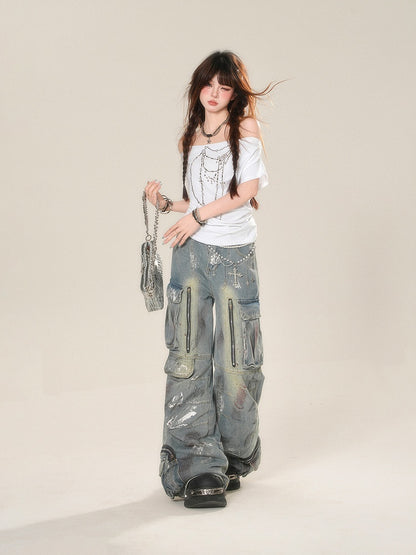 White Off-the-shoulder Neckline Beaded Chain Print T-Shirt